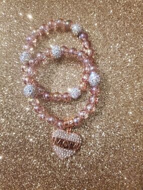 Sparkling Pink Beaded Bracelet Set with Heart MOM Charm